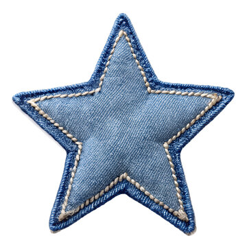 A blue denim star patch with cream stitching isolated on transparent background