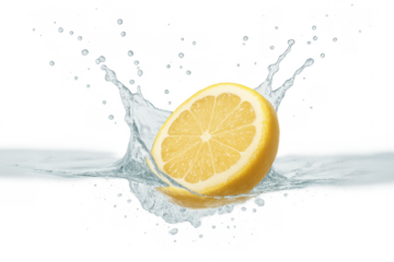Half lemon splashing into water on transparent background