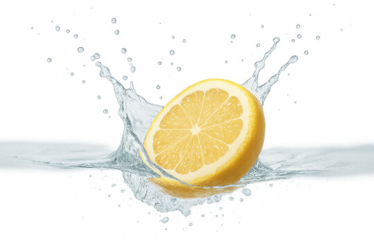 Half lemon splashing into water on transparent background