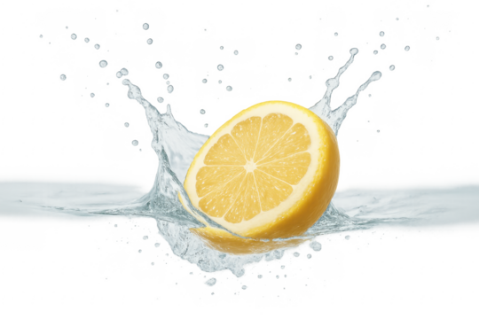 Half lemon splashing into water on transparent background