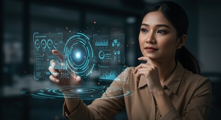 Woman interacting with holographic display