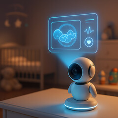 Smart baby monitor robot in nursery showing holographic health and sleep tracking display