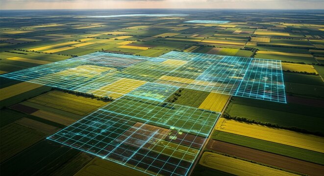 Smart Farming: AI Scanning Grids on Agricultural Fields, Drone View
