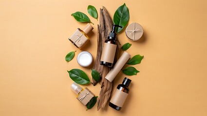 Natural Skincare Products Packaging Design Arrangement With Green Leaves And Wood