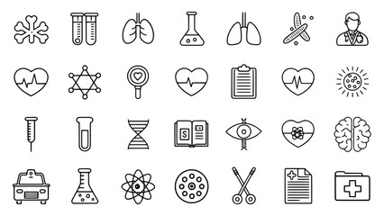 A grid of 30 healthcare-themed line icons in a sleek, modern style. The icons include anatomical symbols such as lungs, hearts, bones, brains, and kidneys, along with clinical tools like test tubes, s