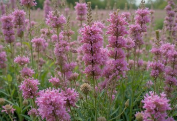Vibrant pink flowers blooming in an abstract background of greenery in a serene outdoor setting