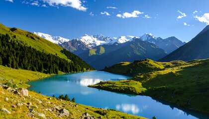 Fototapeta premium Alpine lake nestled in valley