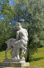 Bearded centaur on Centaur Bridge, stone bridge over Slavyanka river. Pavlovsk, suburb of Saint Petersburg, Russia