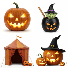 Set Halloween decorations with pumpkins, witch, and tent in autumn isolated on transparent background   