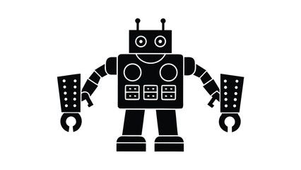 Simple Black and White Robot Illustration with Square Body and Claw Hands