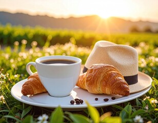 Coffee and croissants at sunrise over a field