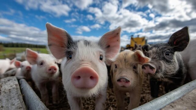 Young pigs gather near a feeding trough on a lush green farm under a clear blue sky.