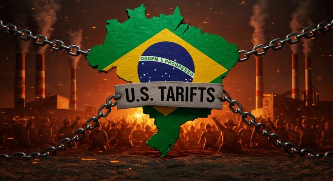 Brazil map with us tariffs sign chained against industrial backdrop and protesting crowd below it