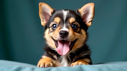 Cute little puppy with tongue out playfully looking on blue background