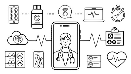 A modern set of 25 line icons representing digital healthcare and telemedicine. Icons include mobile health apps, video calls with doctors, heart rate sensors, electronic prescriptions, wearable healt