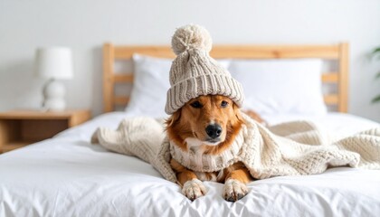 Cozy dog in a knitted hat on a bed