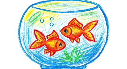 Naive child's drawing of goldfish in a fishbowl, created with wax crayons on white paper. The child's drawing depicts two orange goldfish inside their blue fishbowl with green plants and bubbles.