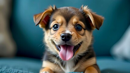 Cute little puppy with tongue out playfully looking on blue background