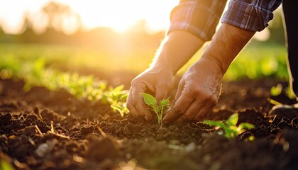Farmer planting seedlings in a field at sunset