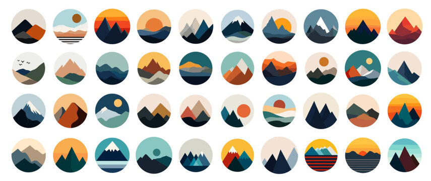 Mountain logo set. Flat geometric nature landscape icons. Travel adventure badge designs. Vector round mountain peak emblems - Powered by Adobe