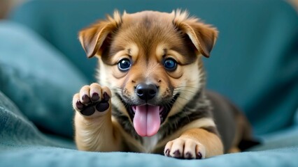 Cute little puppy with tongue out playfully looking on blue background