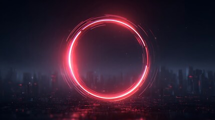 Futuristic glowing red neon circle with abstract cityscape background and dark atmosphere.