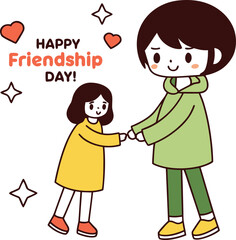 Two adorable cartoon children holding hands with happy friendship day text and sparkling stars and hearts celebrating a special bond of love and togetherness isolated on transparent background