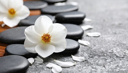 Spa stones and flowers on gray surface