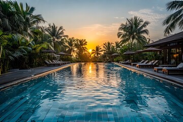 swimming pool at sunset, vacation, beach near swimming pool, luxury travel, establishing shot, handheld shot