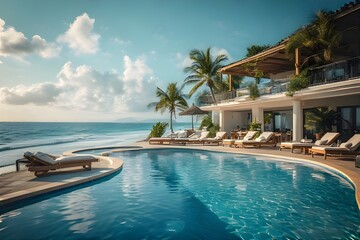 Fototapeta premium swimming pool with palm trees, Luxury swimming pool in a tropical resort, relaxing holidays in bali. sunset by swim pool, Food photography, top-down flat lay