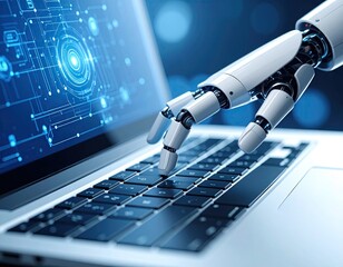 Robotic arm interacting with a laptop, futuristic interface