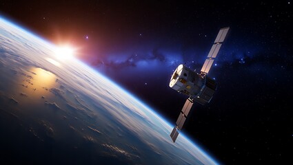 Naklejka premium Advanced Satellite Technology Orbiting Earth During Sunrise With Stars Visible