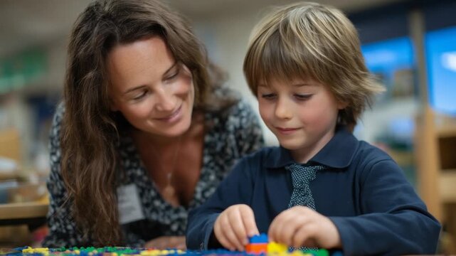 A teacher assists a child with a stacking game in a brightly lit, adaptive, and colorful learning environment.
