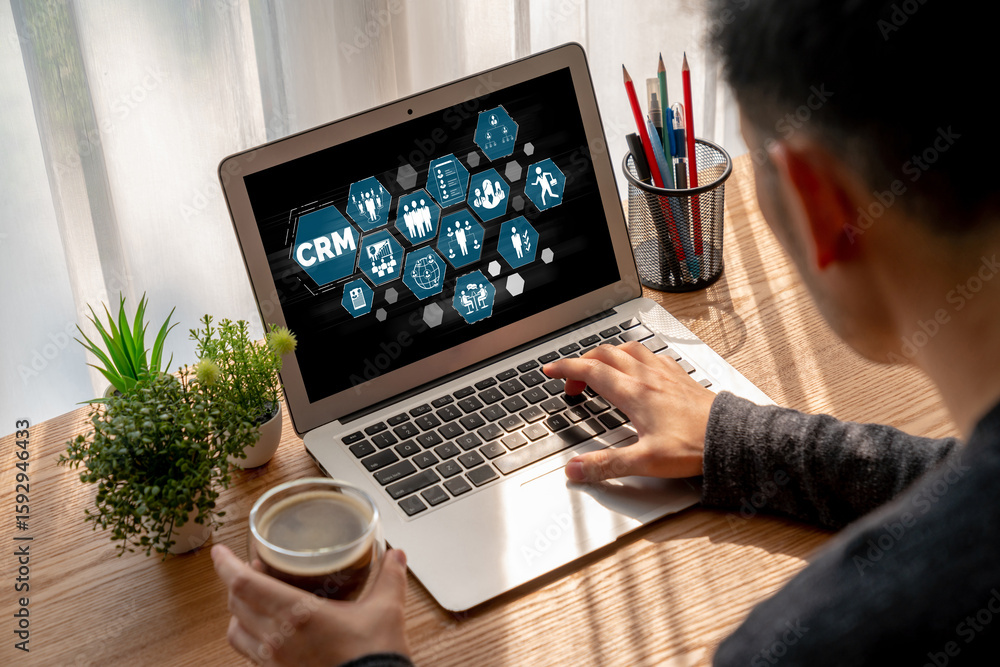 Poster customer relationship management system on modish computer for crm business and enterprise