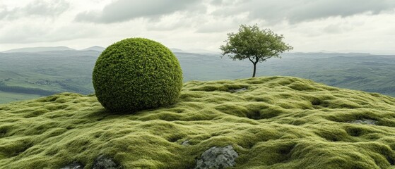 Moss covered hill with spherical bush and tree