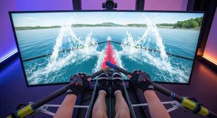 Male engaged in realistic virtual rowing simulation with immersive setup