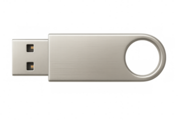 Metallic usb flash drive with brushed surface, key ring attachment, gleaming against transparent backdrop