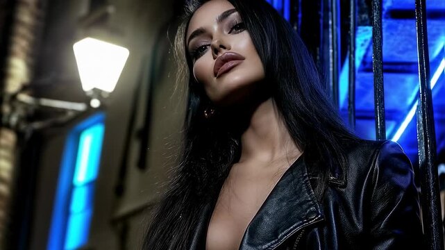 Mysterious model in urban nightscape with neon vibes and fashionforward style