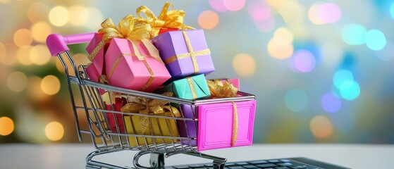 Colorful gift boxes in shopping cart
