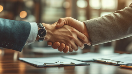 Close-up of two business professionals shaking hands over a desk with documents, symbolizing agreement, partnership, trust, deal-making, and successful negotiations in a corporate setting