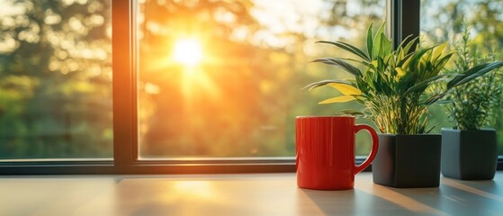 Sunrise windowsill scene with red mug and plants