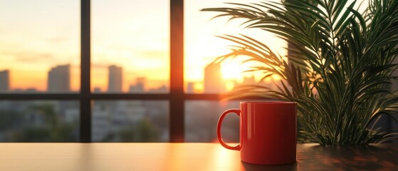 Red mug on table at sunrise with city view