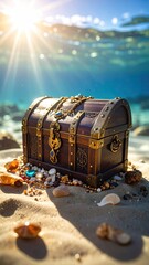 Treasure chest on a sandy beach underwater
