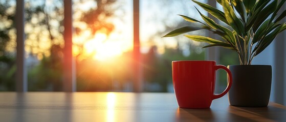 Red mug and plant by window sunrise