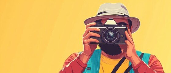 Photographer with vintage camera against yellow background