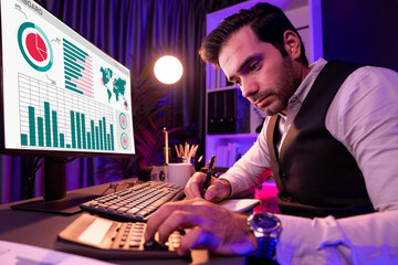 Smart businessman analyzing paperwork report folder, calculation of profit or loss for sales...