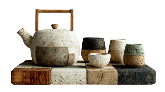 A rustic teapot and cups are artfully arranged on a textured stone and wood platform isolated on transparent background
