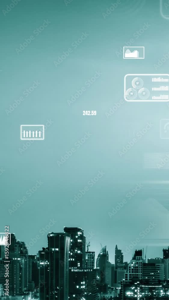 Poster business data analytic interface fly over smart city showing alteration future of business intellige