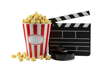 Striped popcorn bucket, film reel, and clapperboard:  A vibrant, cinematic still life, perfect for movie night promotions.