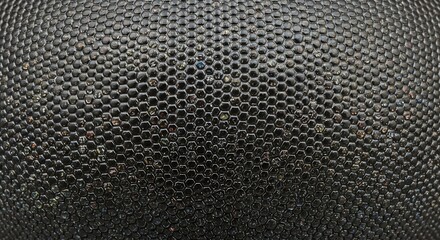 Extreme close-up macro shot of a shiny, dark insect compound eye, revealing its intricate hexagonal ommatidia. A fascinating biological and organic surface texture.
